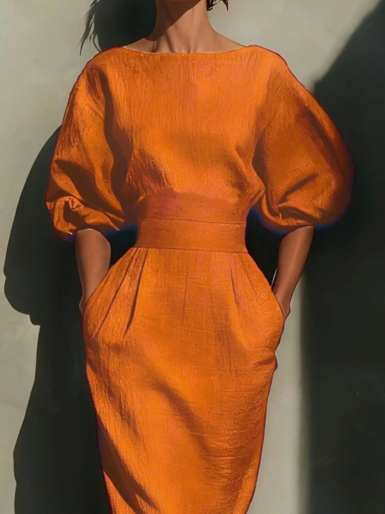 Round Neck Puff Sleeves Midi Dress Trendsi