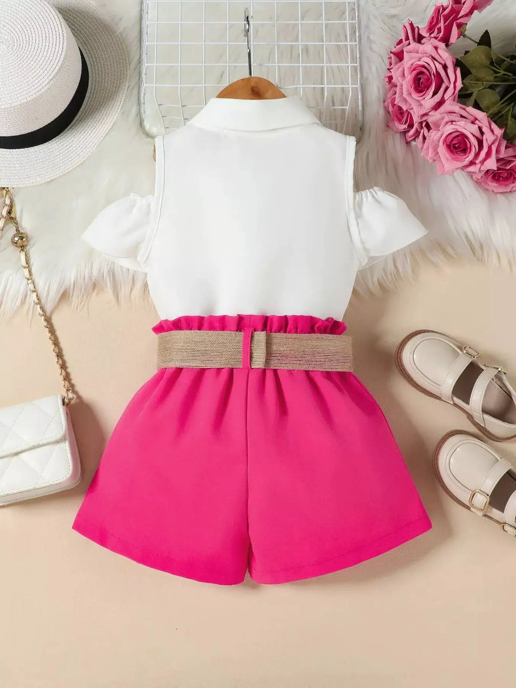 Girls White Ruffle Cold Shoulder Top and Shorts Set with Belt — Parfymia
