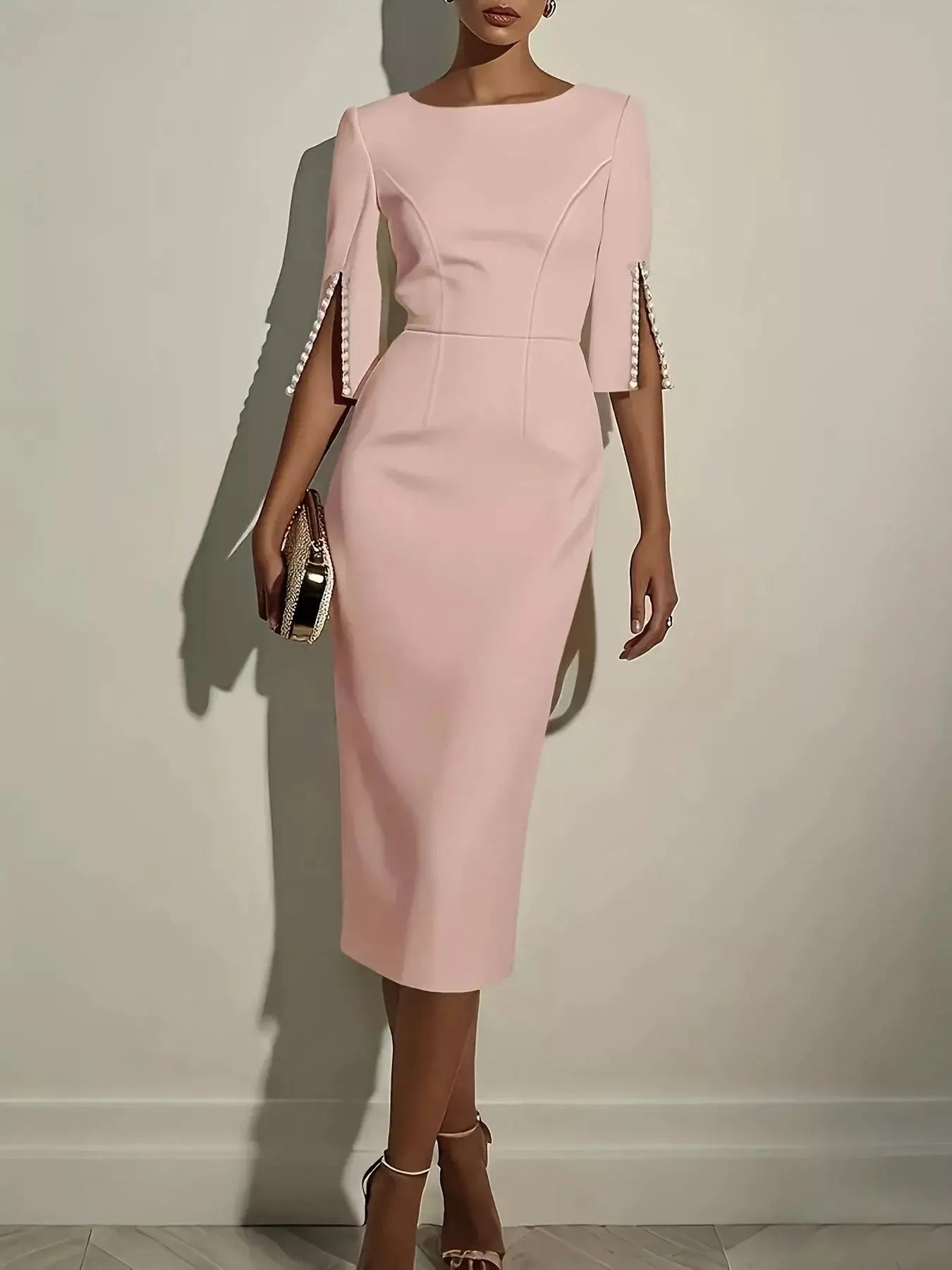 Slim-Fit Elegant Midi Dress with Beaded Slit Sleeve Trendsi