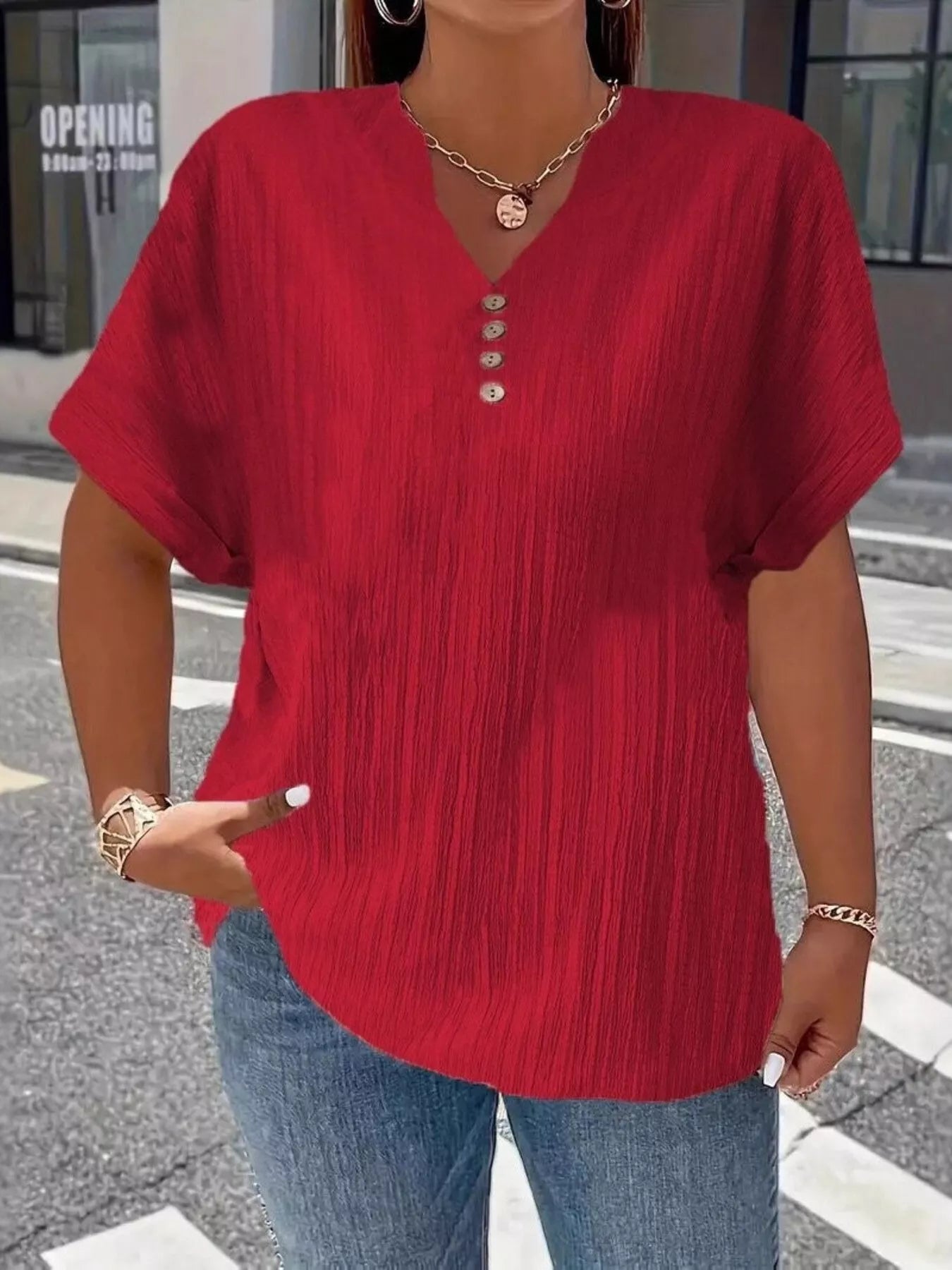 Women's Plus Size Notched Short Sleeve Top
