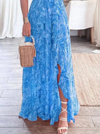 Women's Maxi Dress – Ruffled Cutout V-Neck