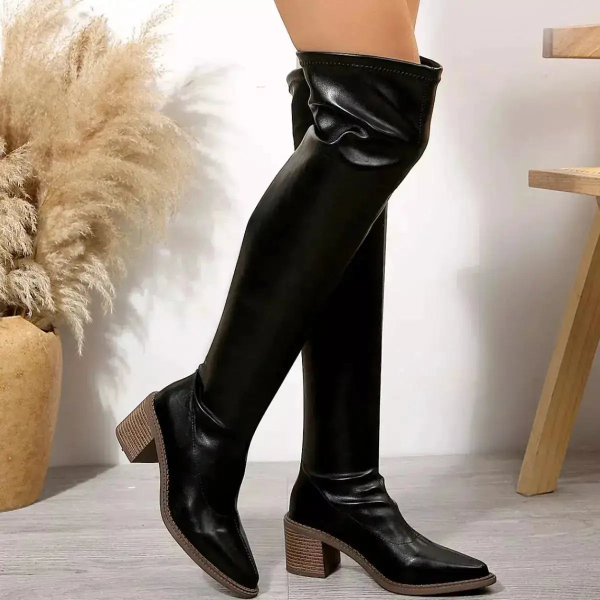PU Leather Point Toe Block Heels Boots by Parfymia