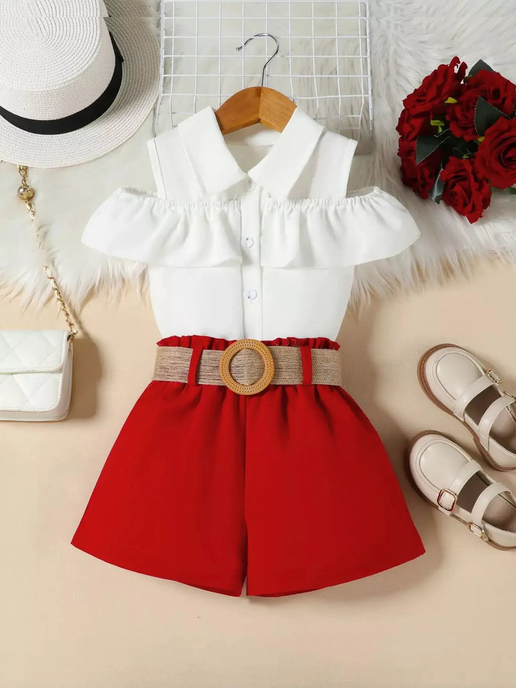 Girls White Ruffle Cold Shoulder Top and Shorts Set with Belt — Parfymia