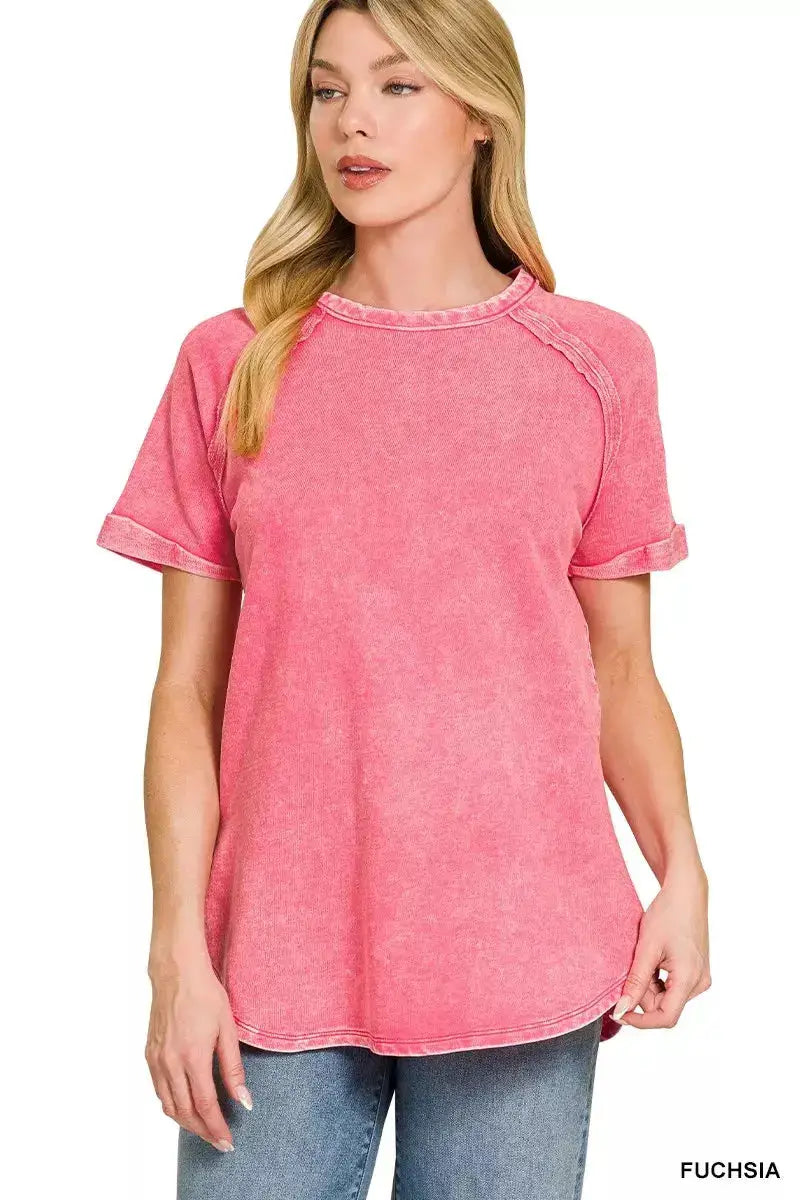 Zenana Washed French Terry Curved Hem Top For Women Relaxed Fit — Parfymia