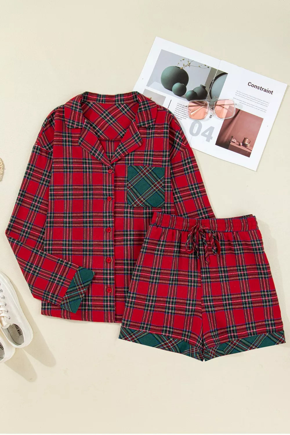 Women's Loungewear Plaid Contrast Patch Pajama Set