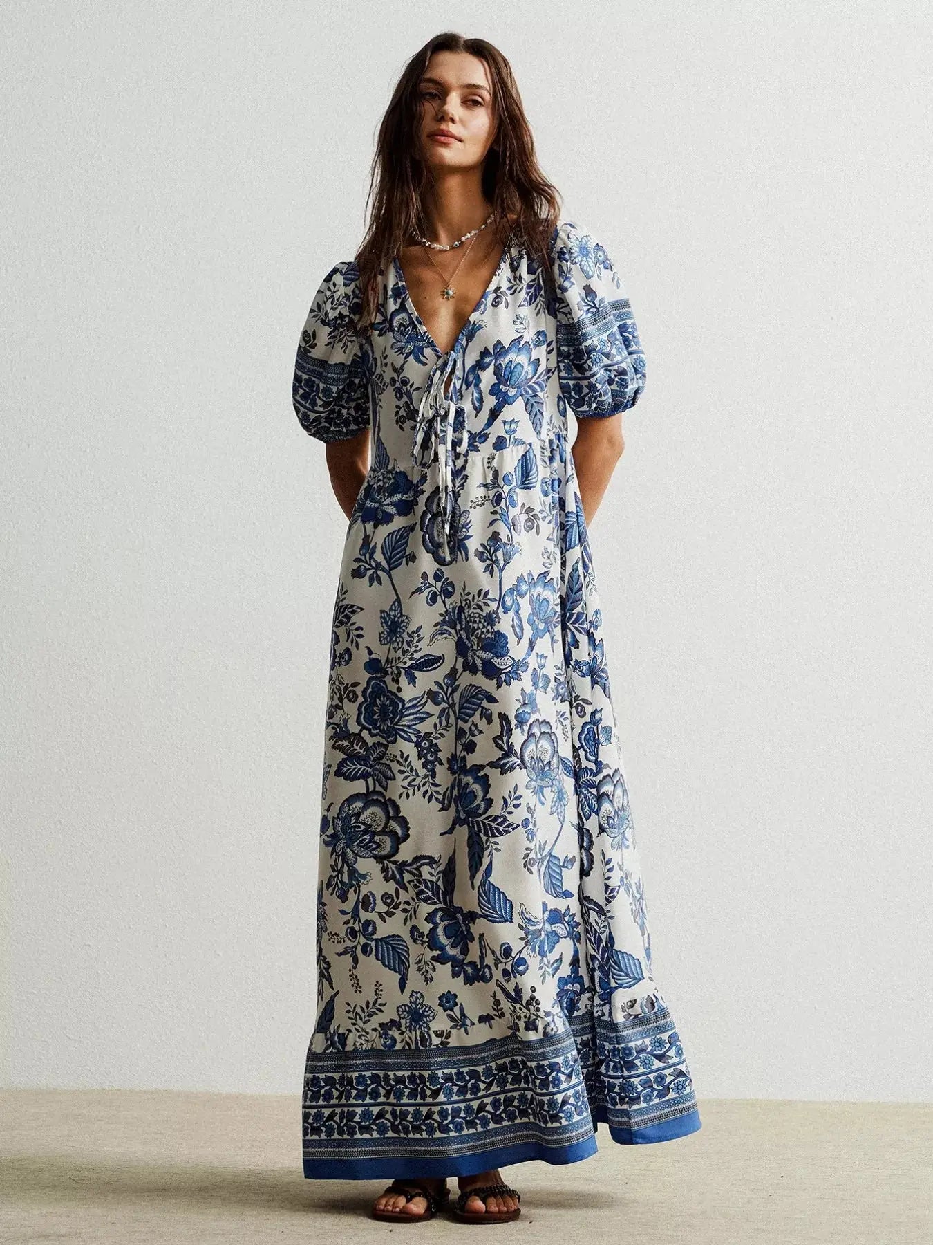 Floral Print Tie-Neck Puff Sleeve Maxi Dress Trendsi
