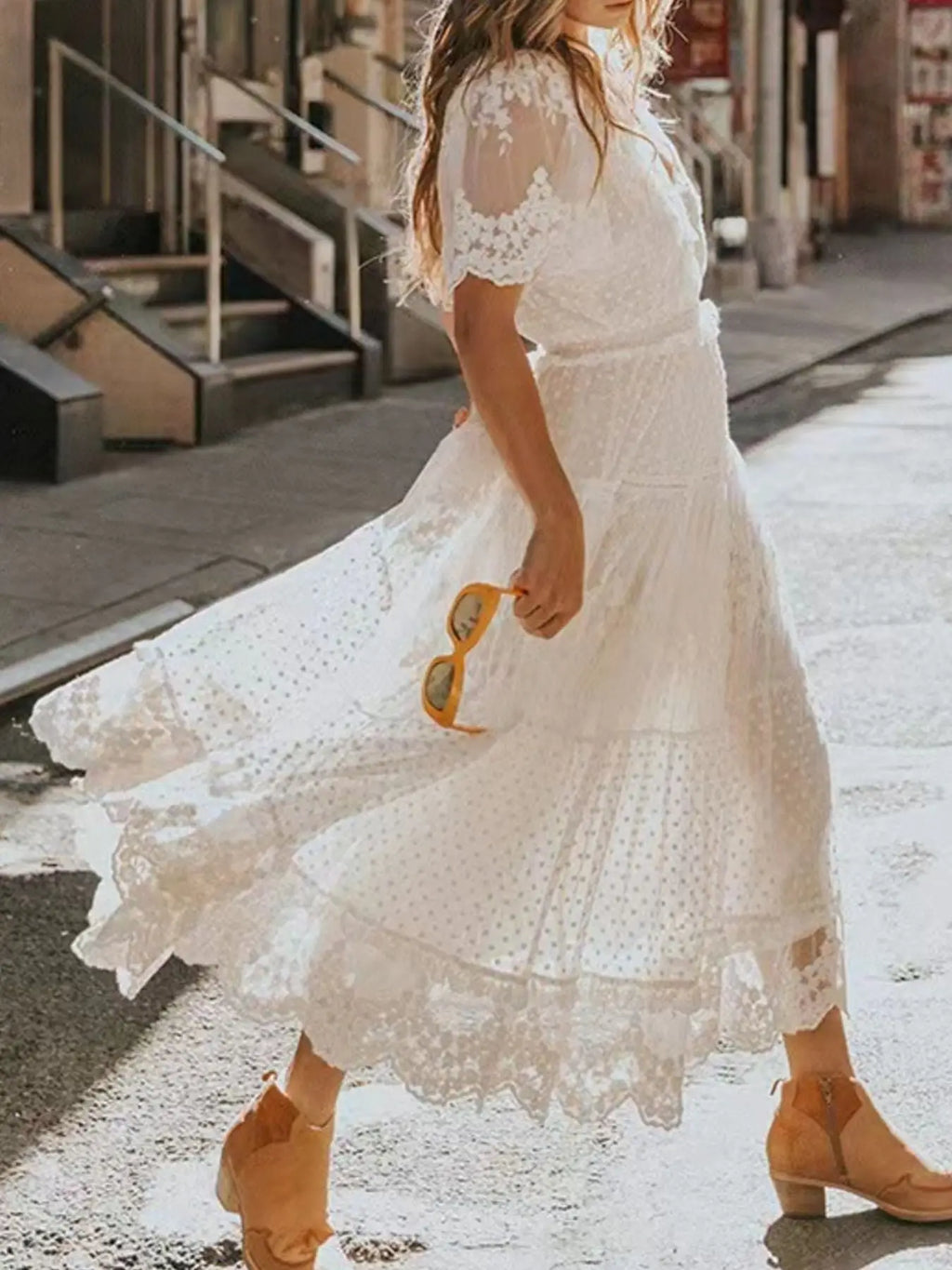 Full Size Lace Bohemian Short Sleeve Maxi Dress Plus Size Trendsi