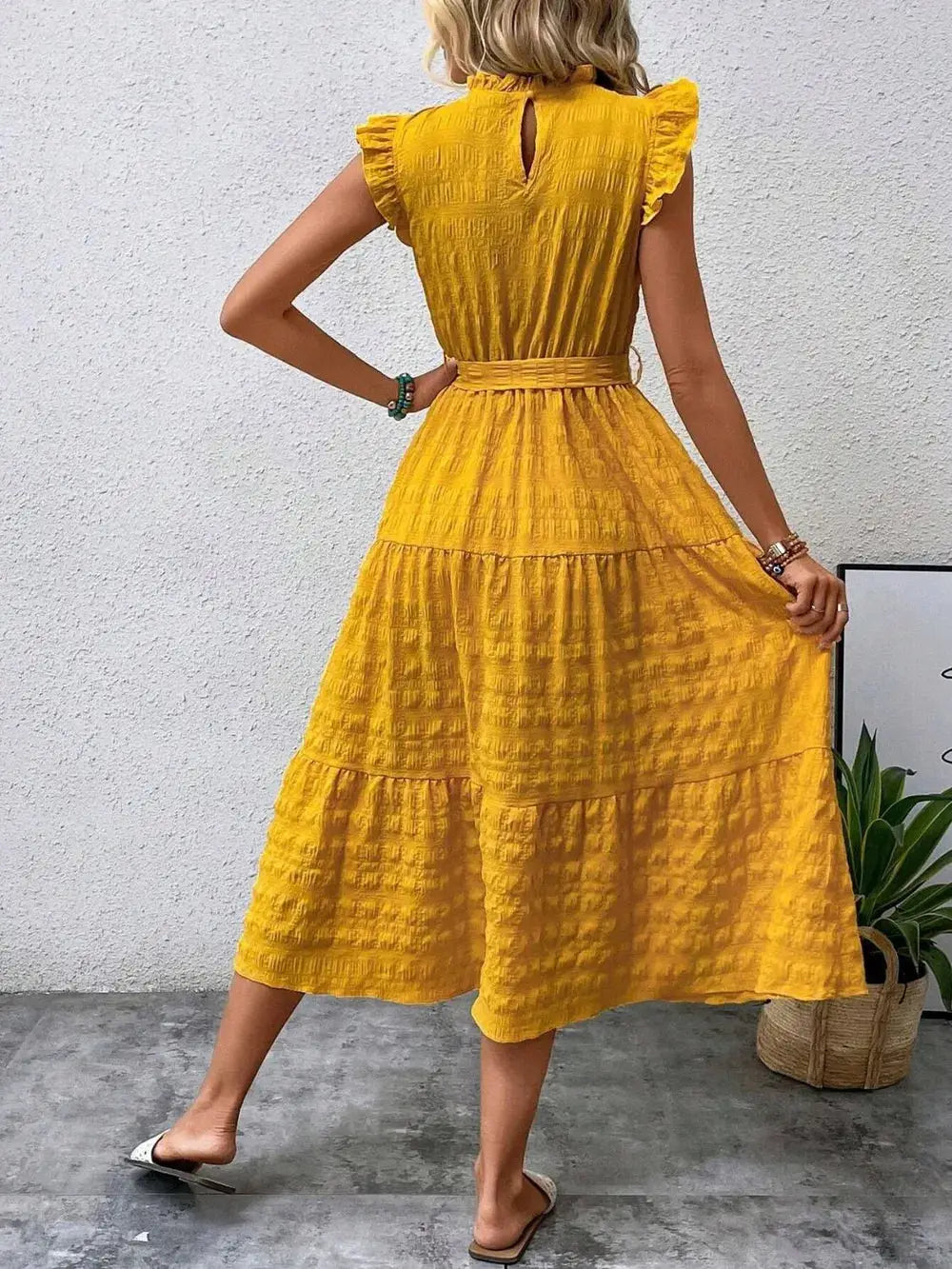 Tied Ruffled Cap Sleeve Midi Dress Trendsi