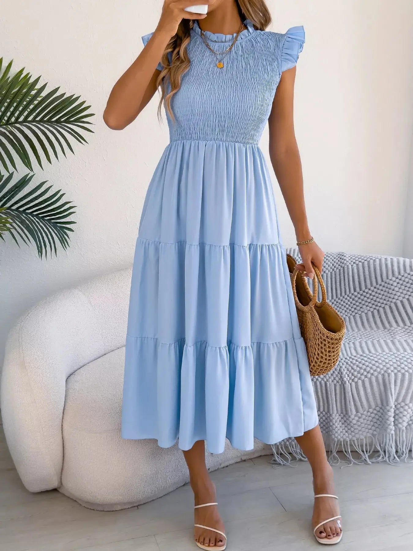 Smocked Ruffled Cap Sleeve Dress Trendsi