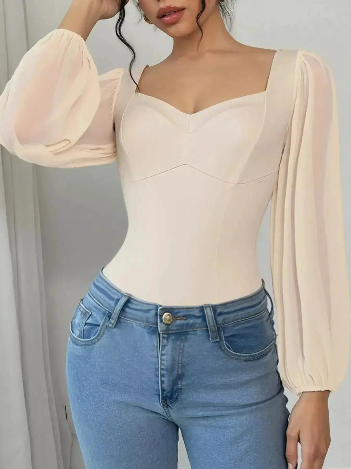 Sweetheart Neck Balloon Sleeve Bodysuit by Parfymia