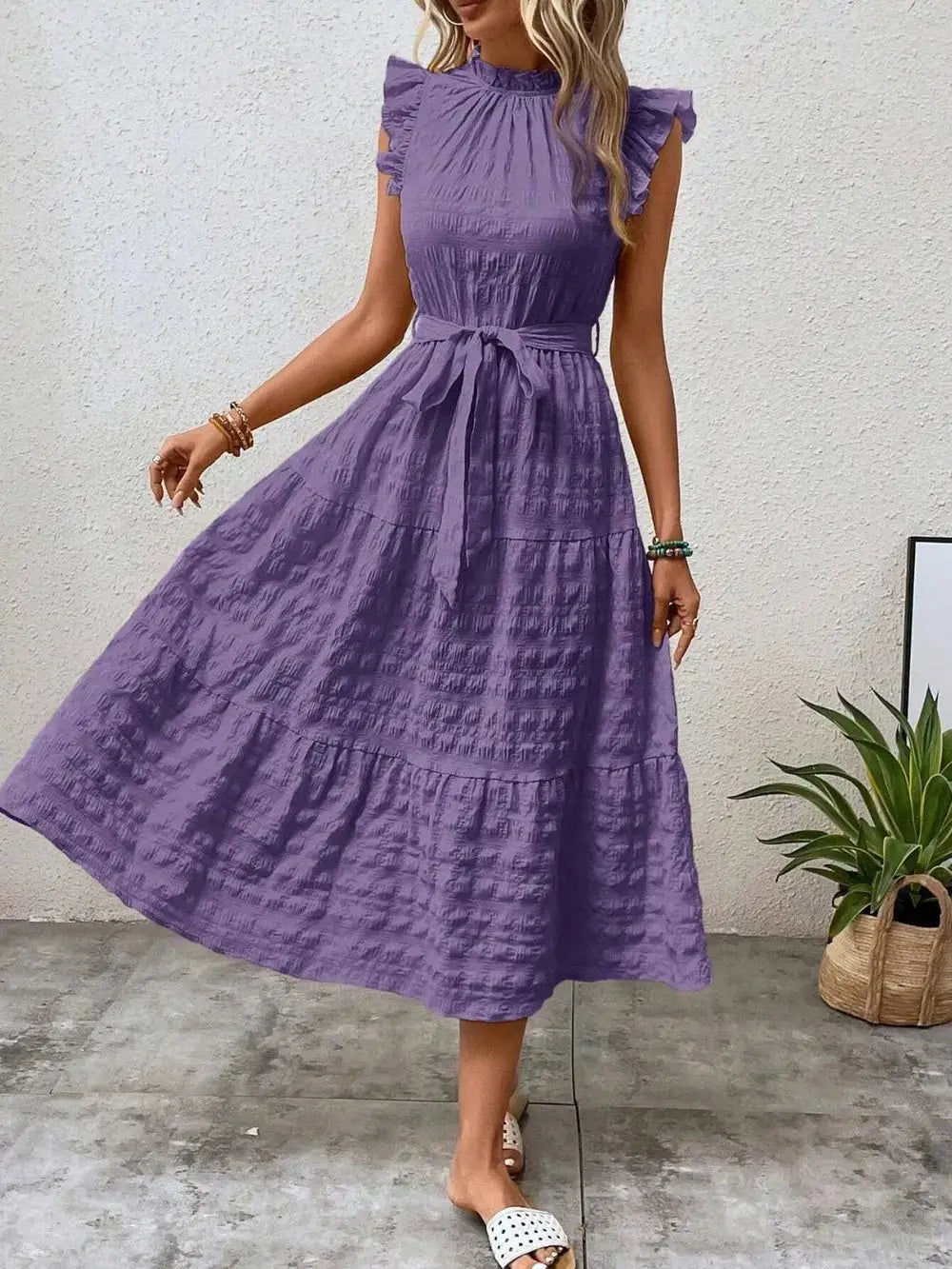 Tied Ruffled Cap Sleeve Midi Dress Trendsi