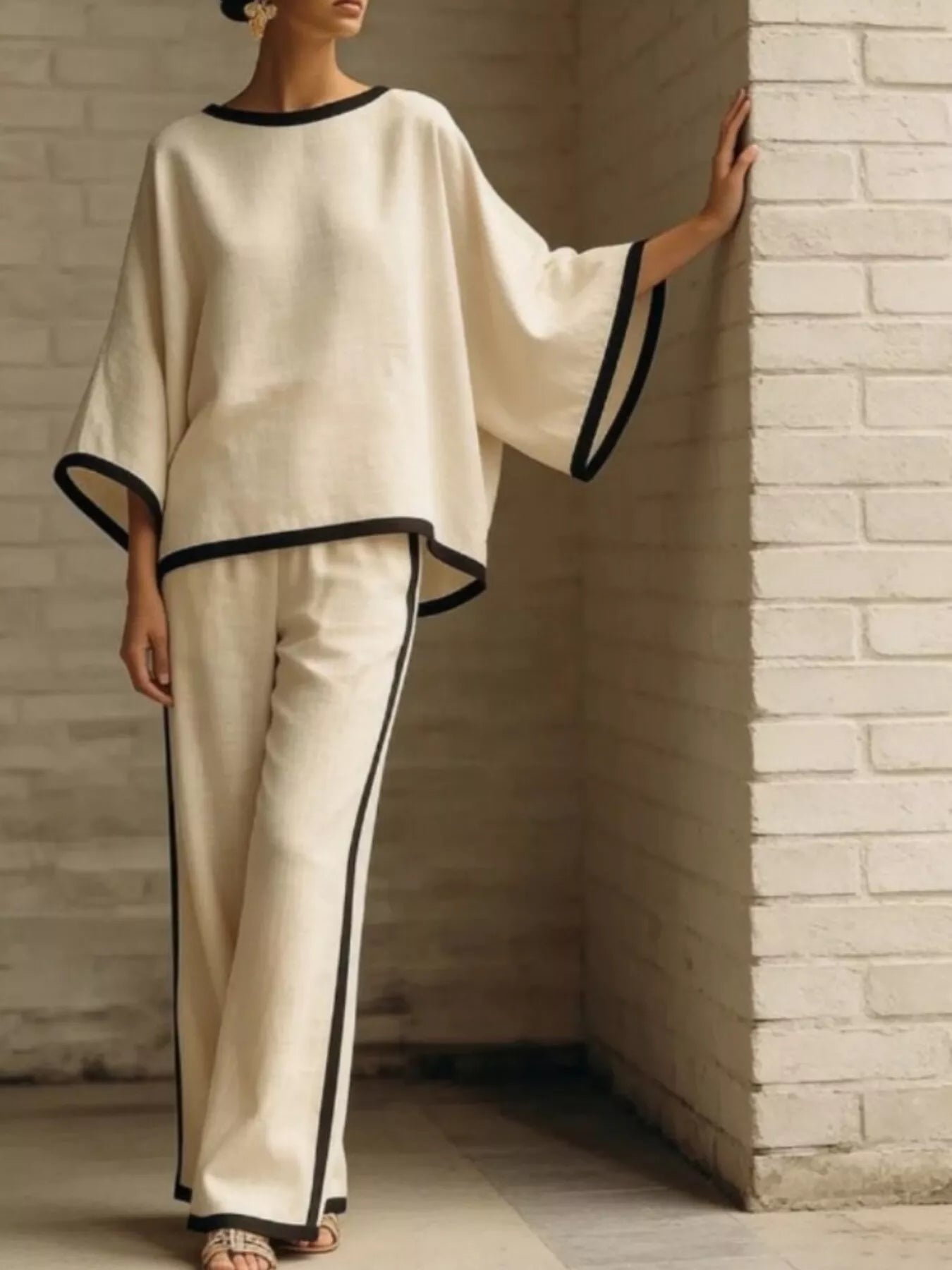 Women's Pants Set – Contrast Trim Top