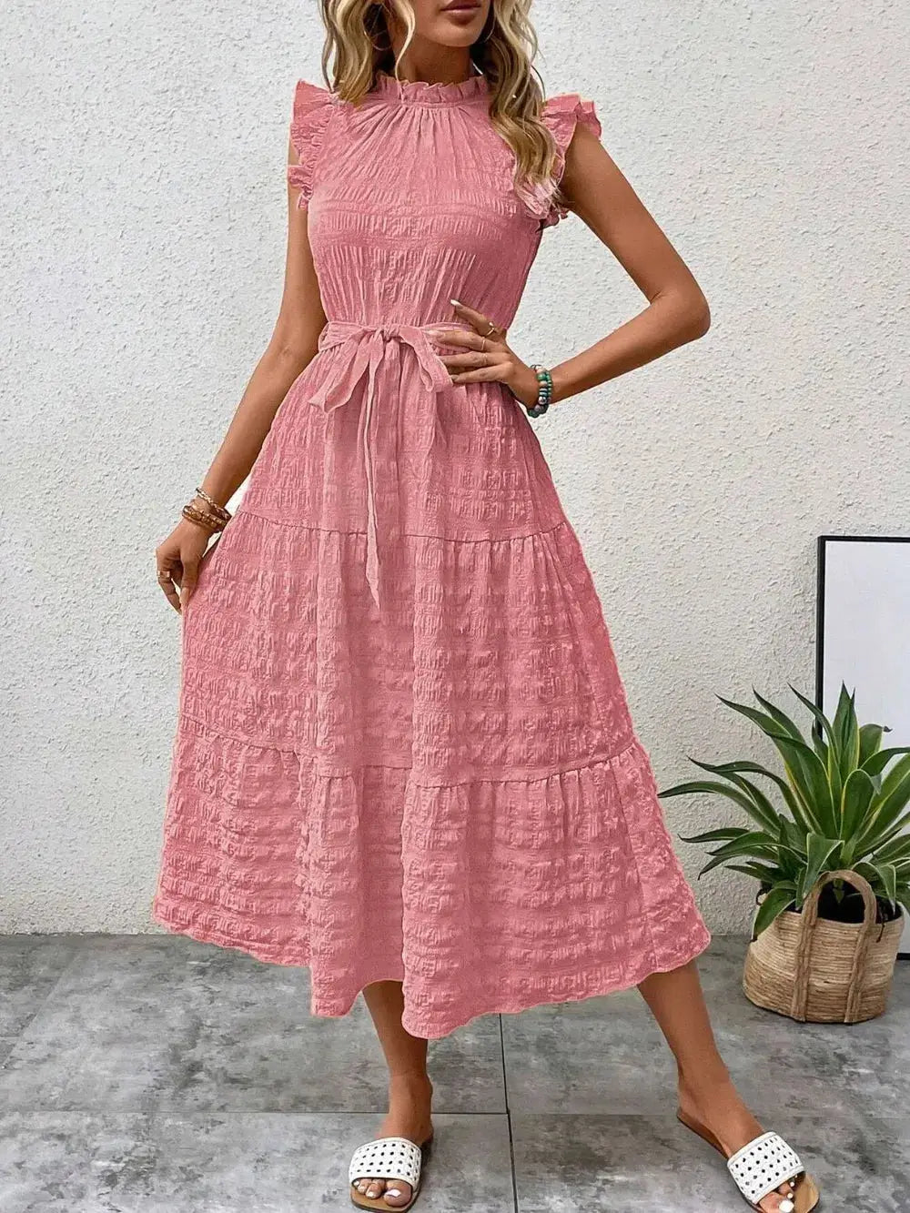 Tied Ruffled Cap Sleeve Midi Dress Trendsi
