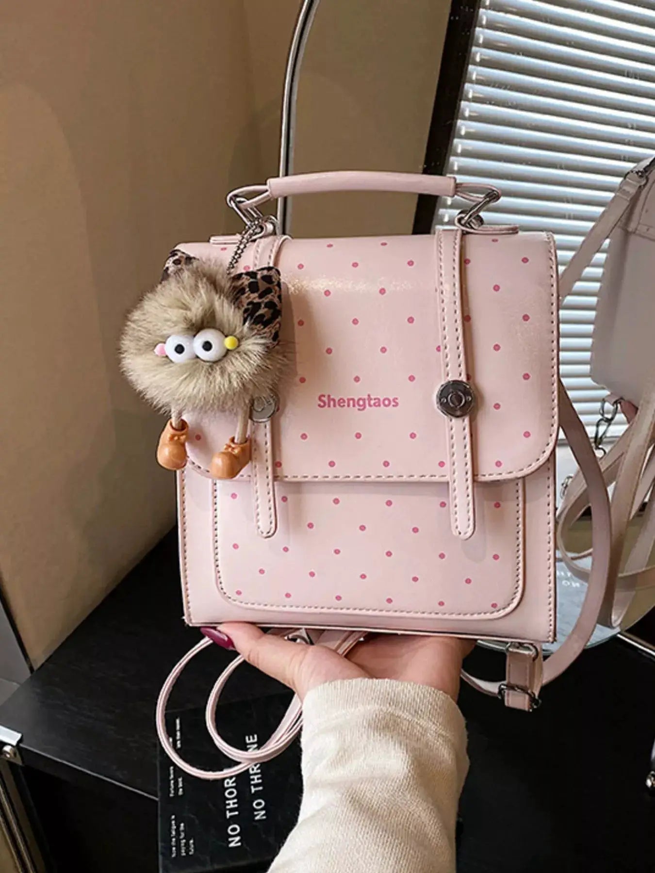 Pink Polka Dot Mini PU Leather Backpack Bag With Fur Charm — Parfymia
