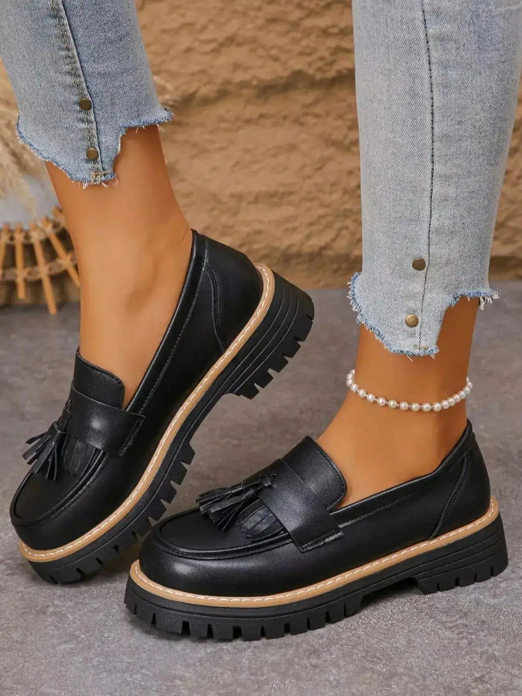 PU Leather Tassel Round Toe Platform Loafers by Parfymia