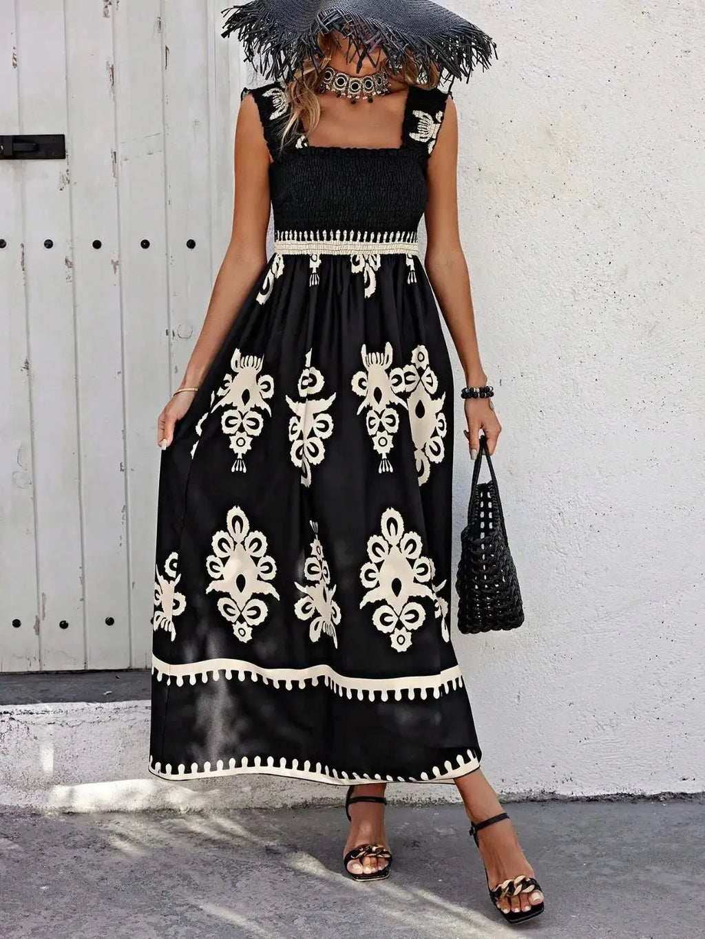 Smocked Printed Wide Strap Maxi Dress Trendsi