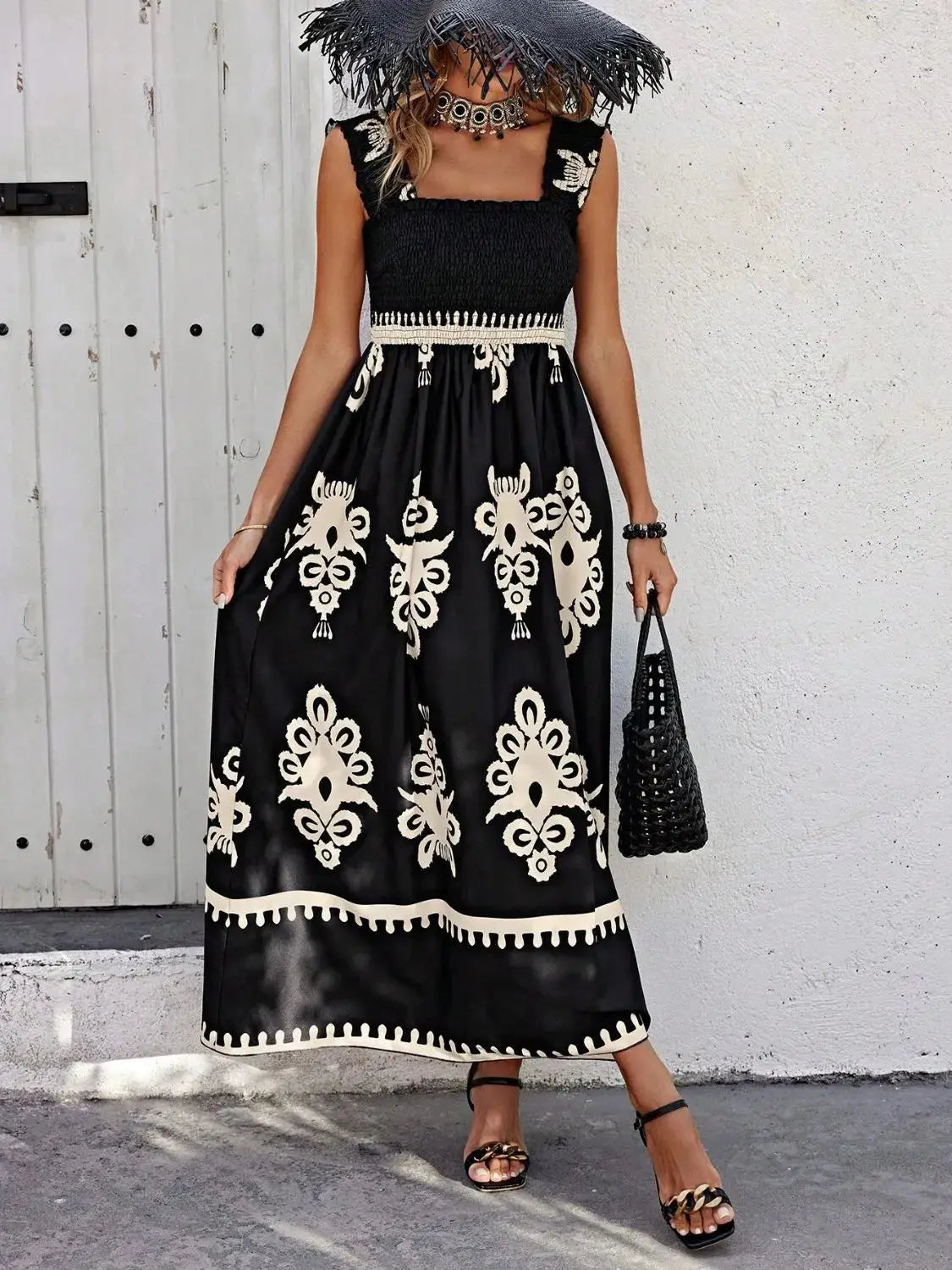 Smocked Printed Wide Strap Maxi Dress Trendsi