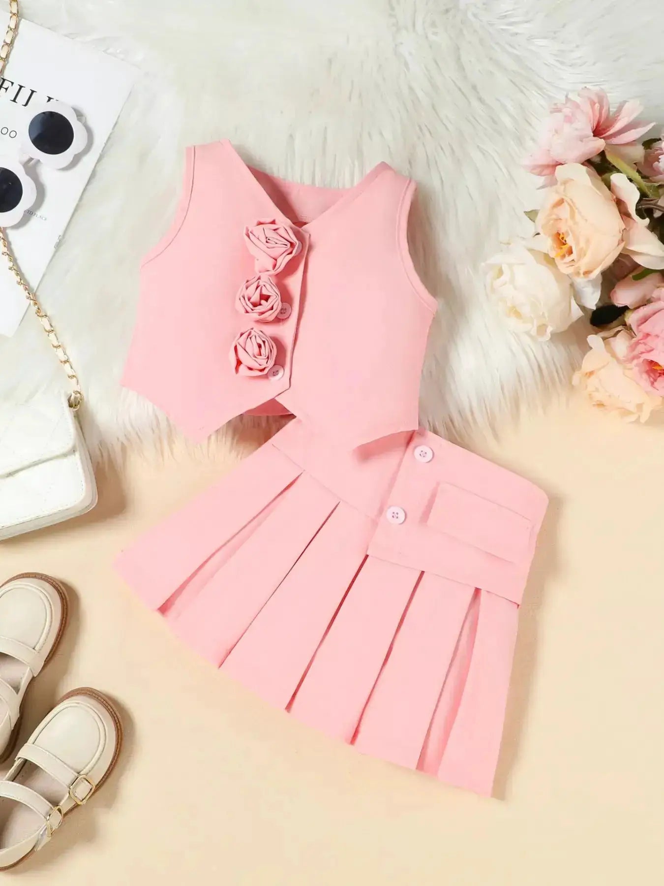 Girls Pink Floral Vest And Pleated Skirt Set With Rose Embellishments — Parfymia