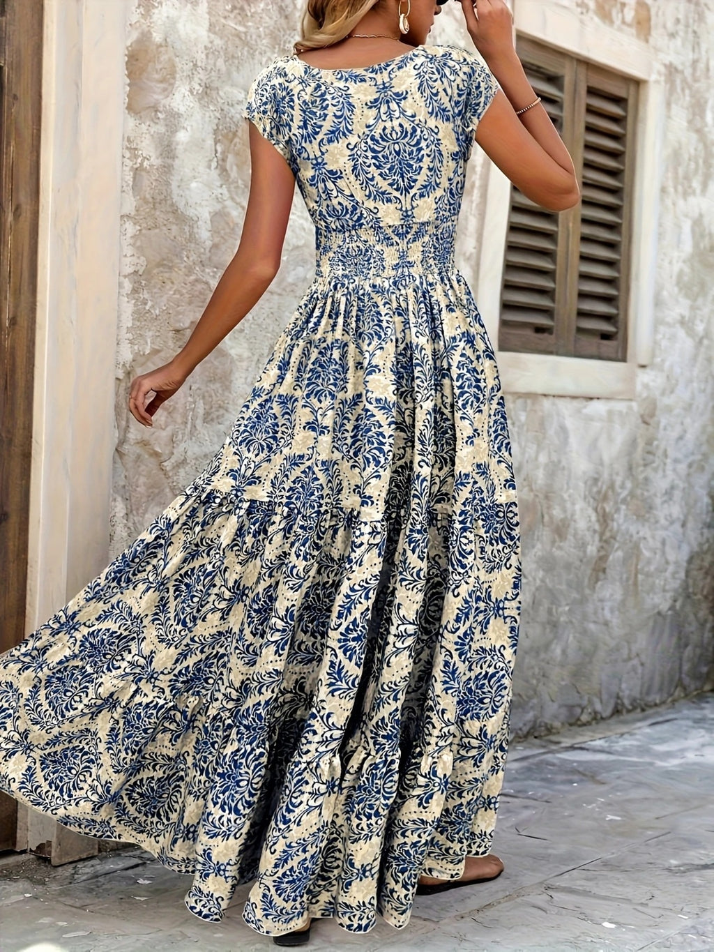 Printed Cap Sleeve Maxi Dress Trendsi