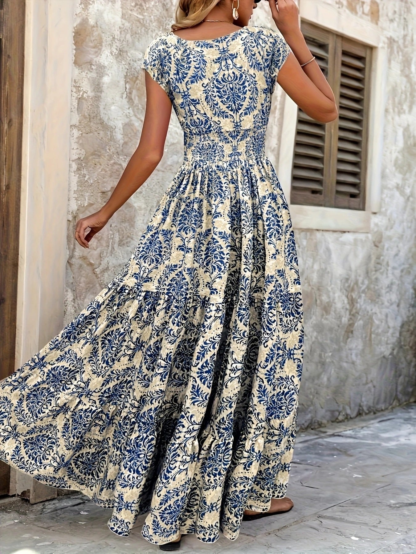 Printed Cap Sleeve Maxi Dress Trendsi