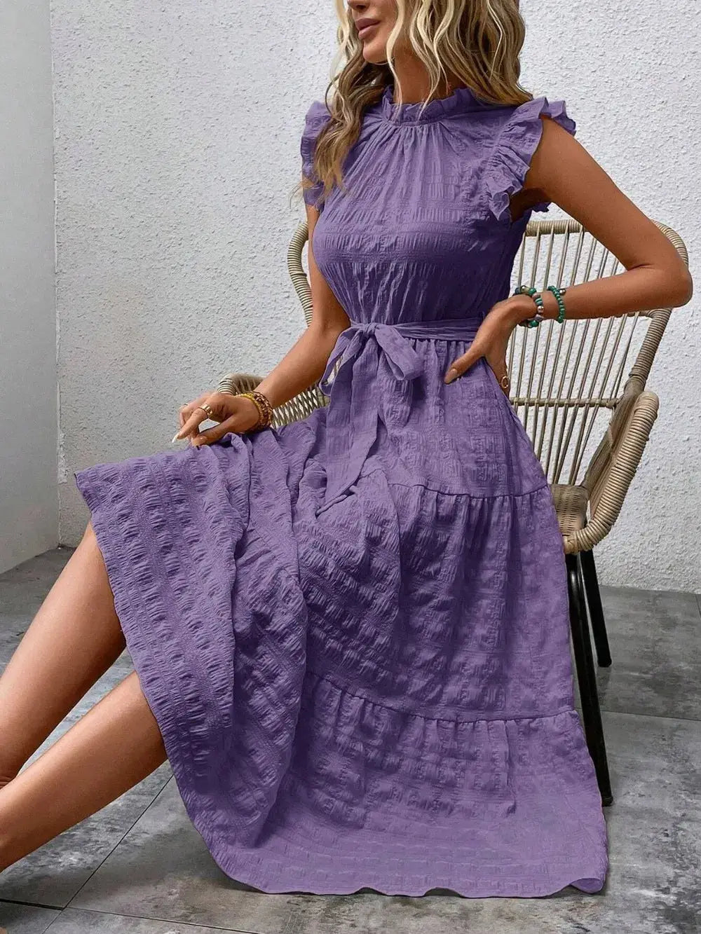 Tied Ruffled Cap Sleeve Midi Dress Trendsi