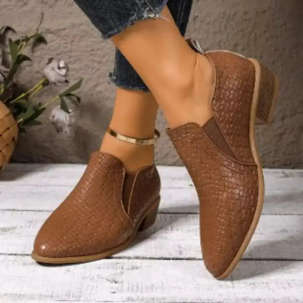 PU Leather Point Toe Block Heels Ankle Boots by Parfymia