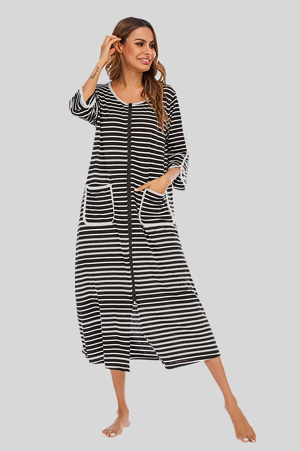 Women's Midi Dress – Round Neck Three-Quarter Sleeve