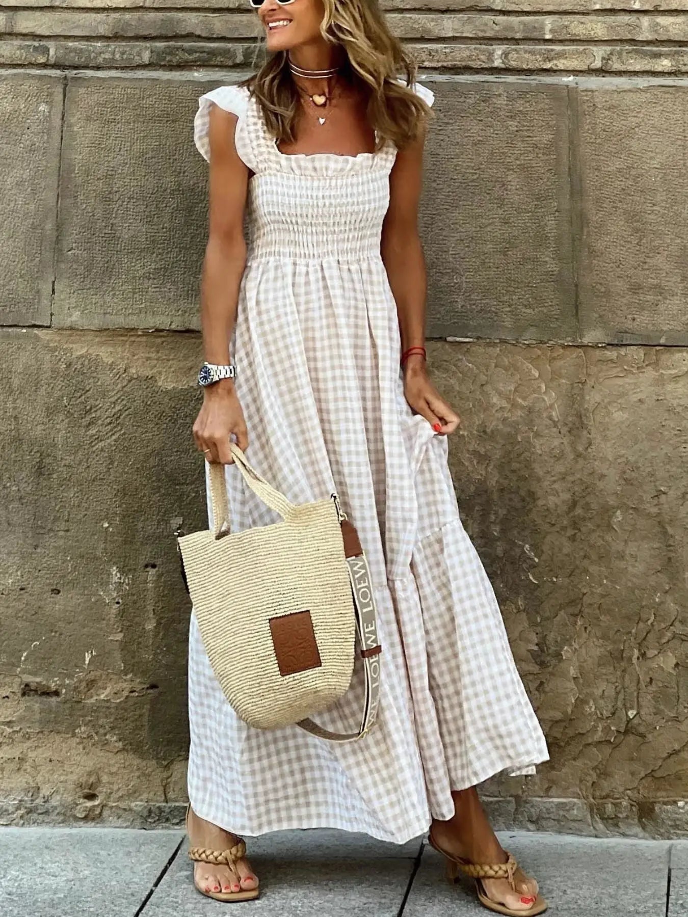 Plaid Ruffle Sleeve Maxi Dress Trendsi