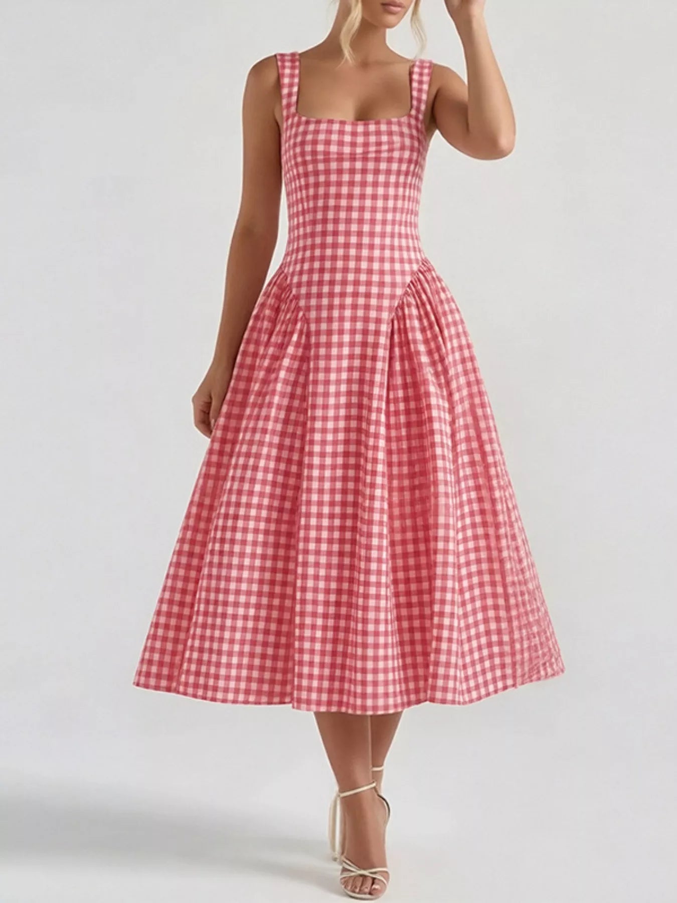 Women's Plaid Midi Dress – Square Neckline Plus Size