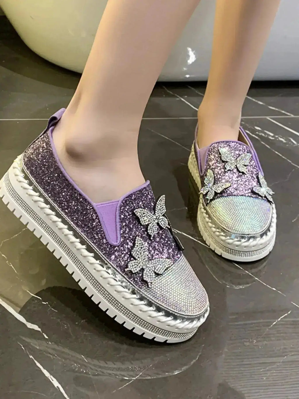 Chic Rhinestone Platform Slip-Ons in PU Leather by Parfymia