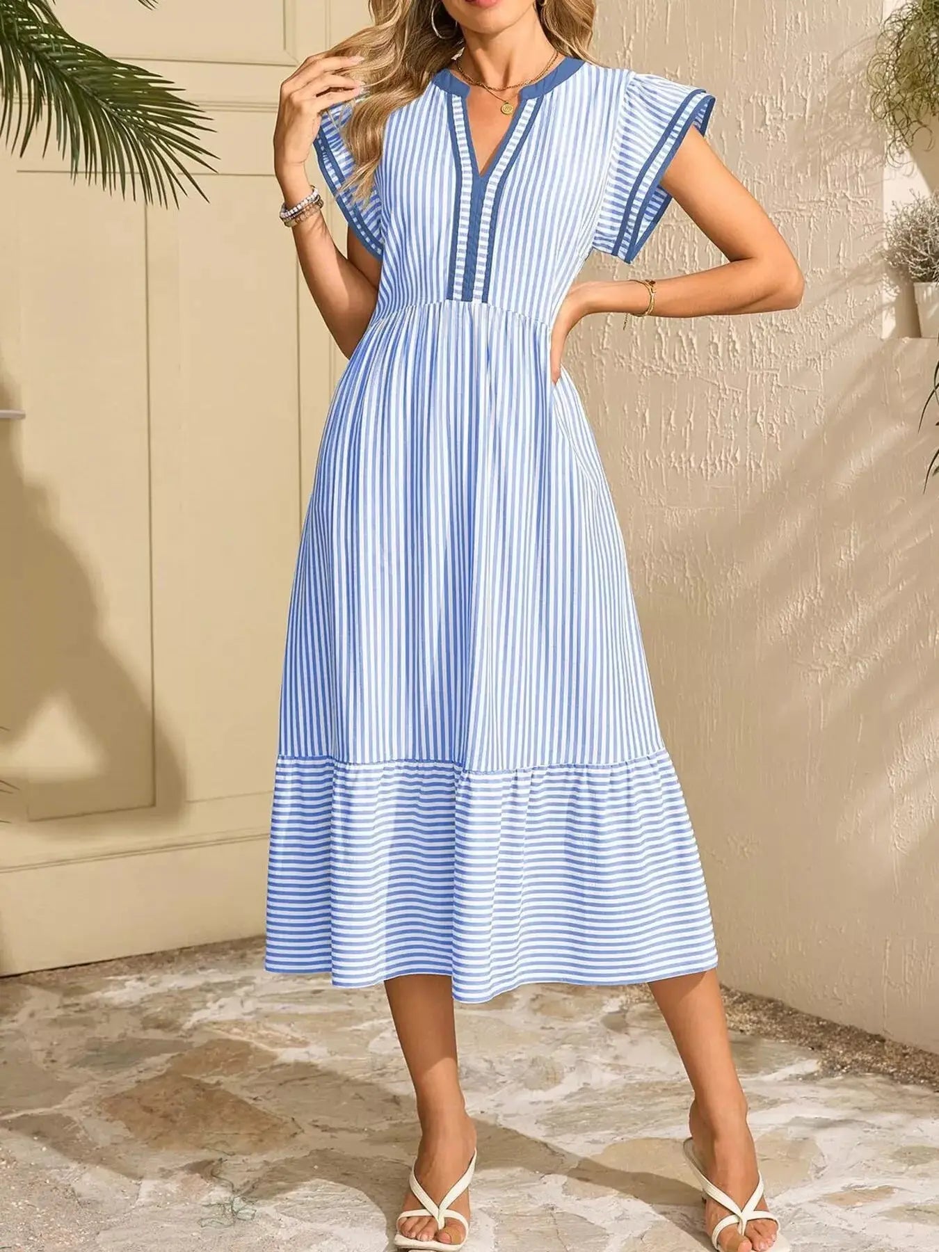 Striped Notched Ruffle Sleeve Dress Trendsi
