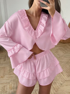 Women's Shorts Set – Ruffled V-Neck Top