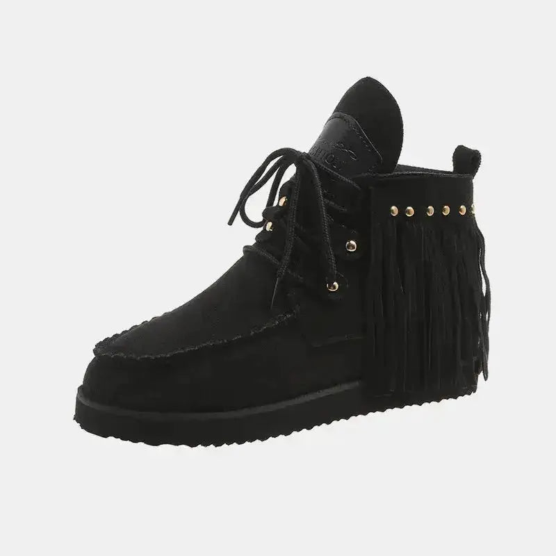 Canvas Fringe Studded Round Toe Boots by Parfymia