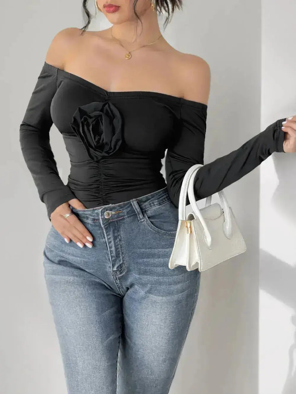Perfee Ruched Flower Off-Shoulder Long Sleeve Bodysuit by Parfymia