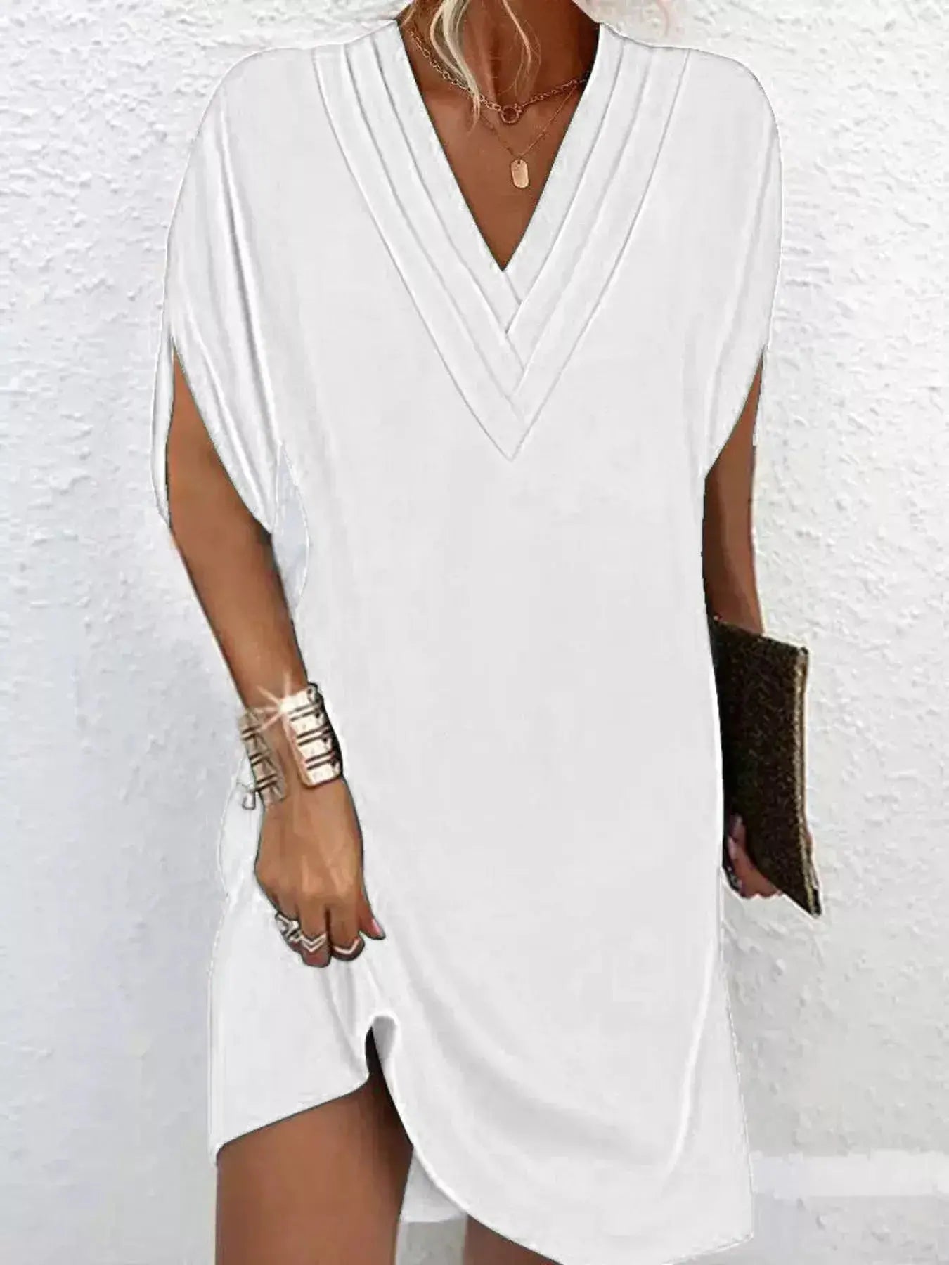 Full Size V-Neck Slit Sleeve Mini Dress Plus Size Trendsi