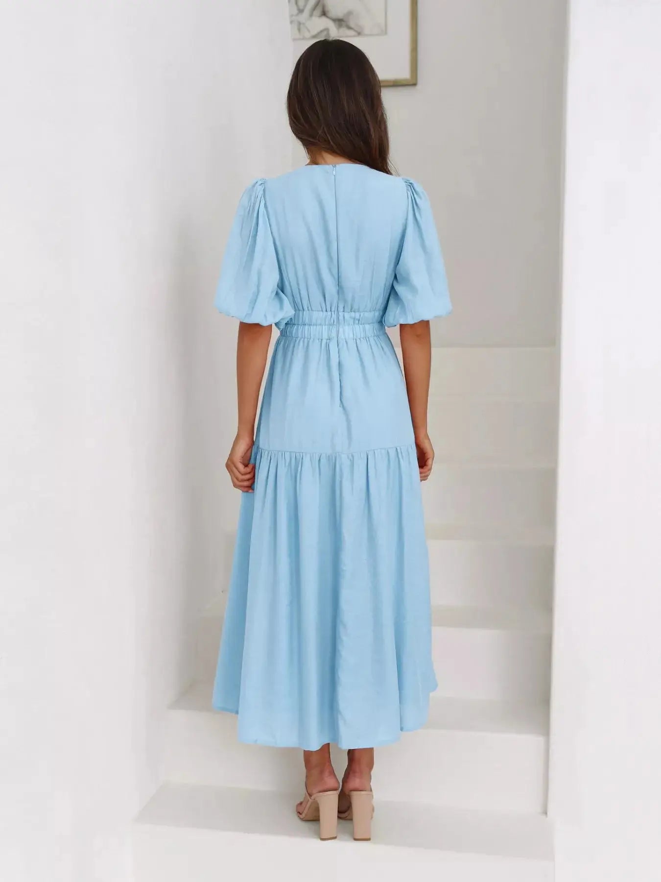 Tiered Puff Sleeve Midi Dress Trendsi