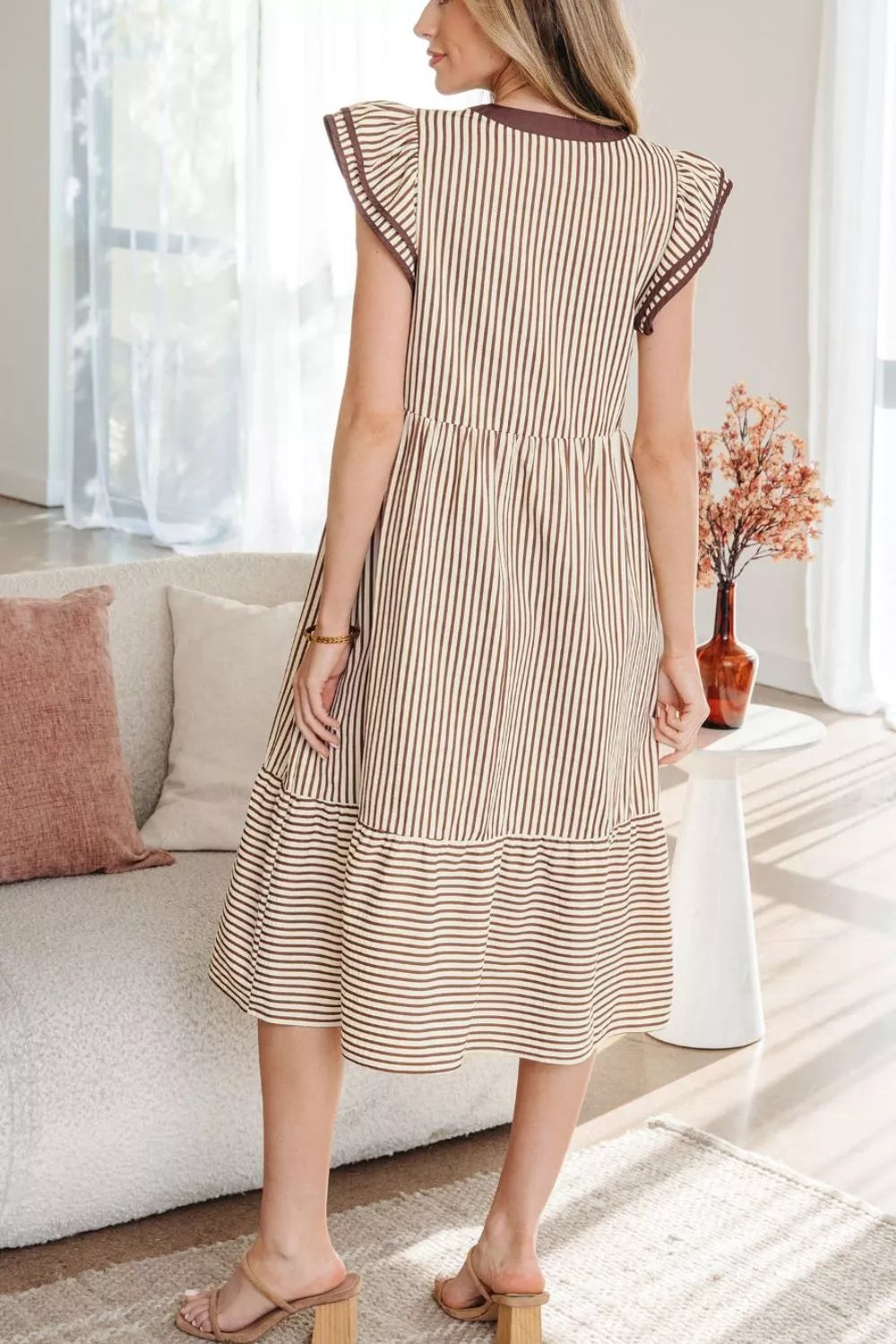 Women's Midi Dress – Striped Flutter Sleeve