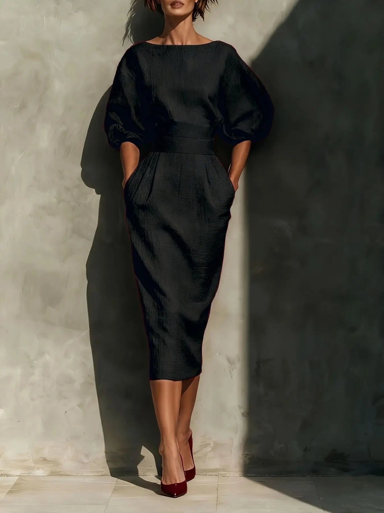 Round Neck Puff Sleeves Midi Dress Trendsi