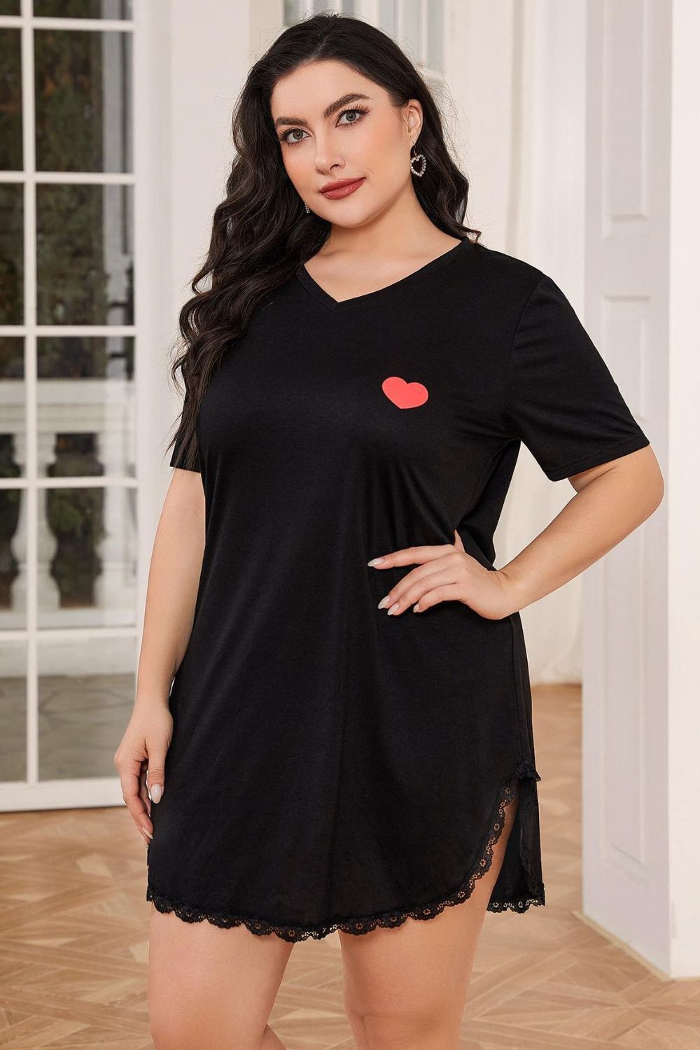 Women's Plus Size Lace Trim V-Neck Night Dress