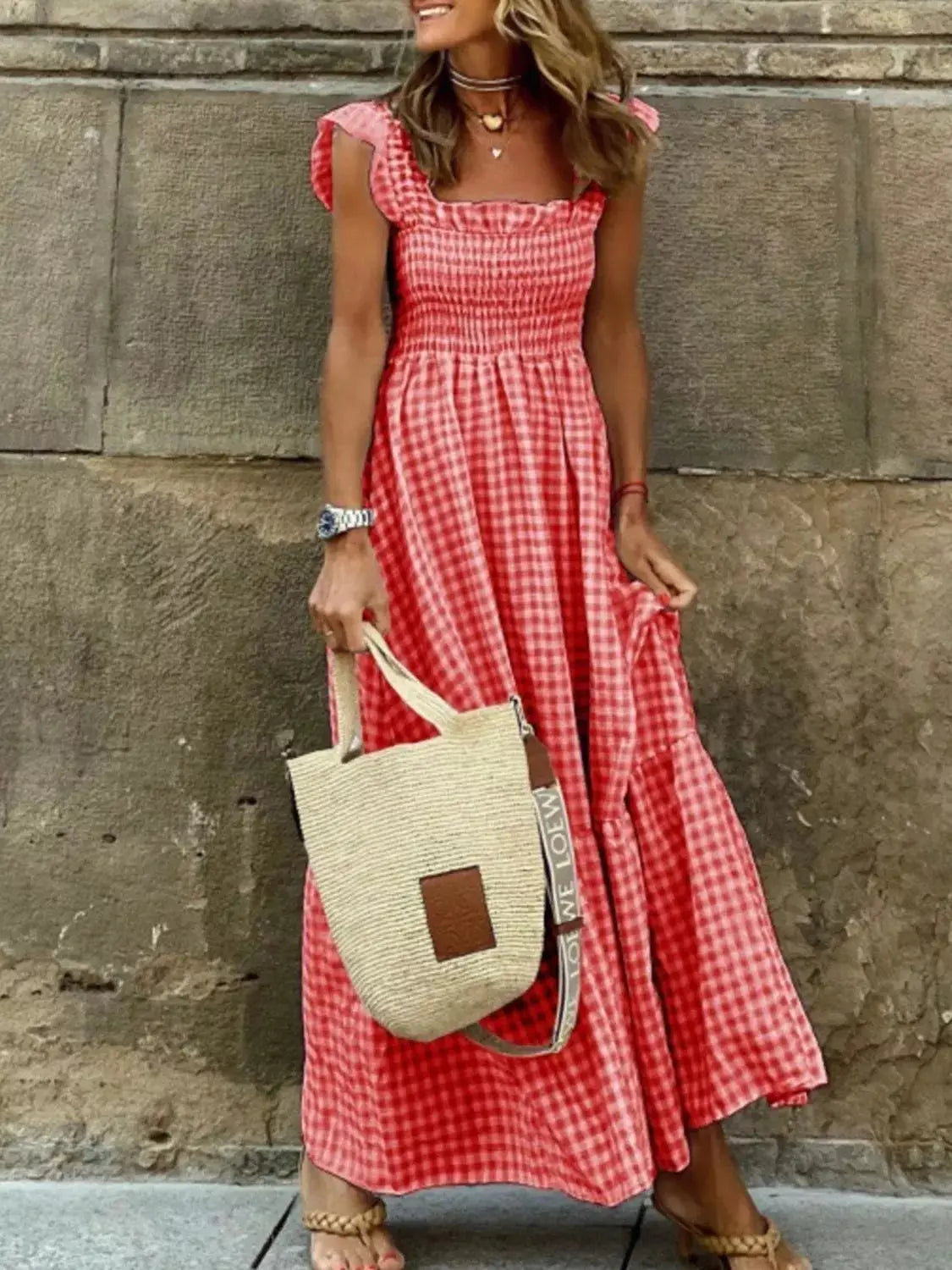 Full Size Gingham Smocked Ruffle Maxi Dress Plus Size Trendsi