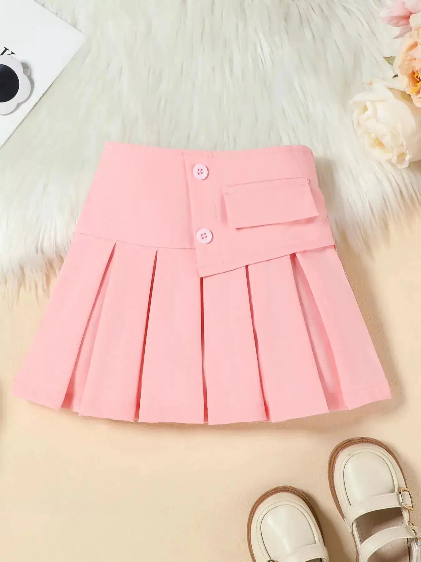 Girls Pink Floral Vest And Pleated Skirt Set With Rose Embellishments — Parfymia