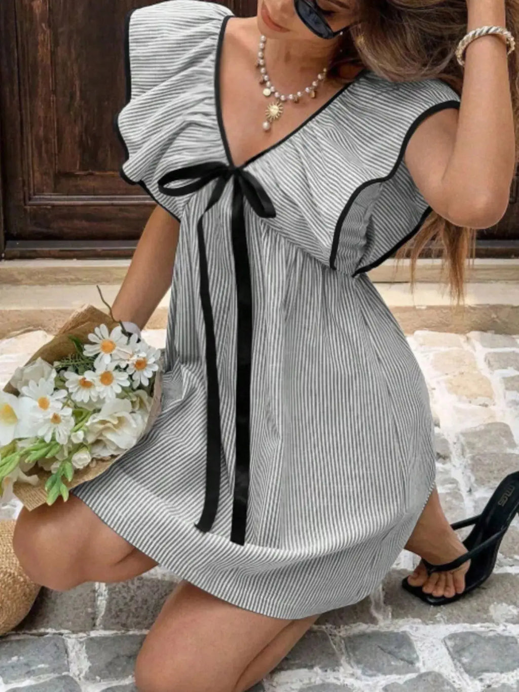 Striped Ruffle Sleeve Mini Dress Trendsi