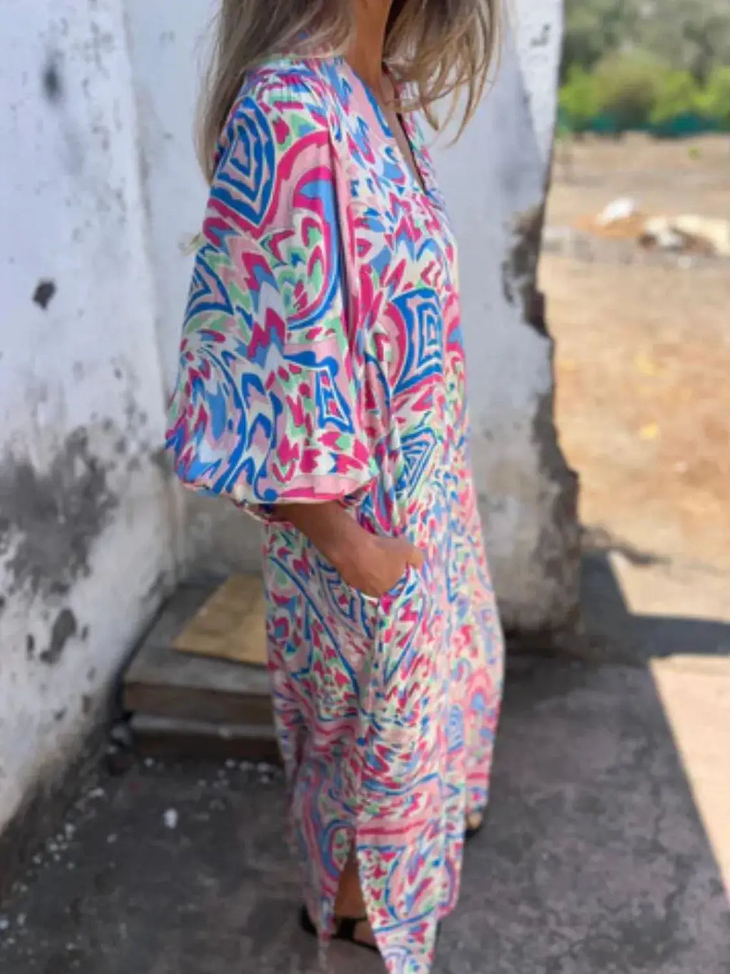 Full Size Printed V-Neck Dress with Pockets Plus Size Trendsi