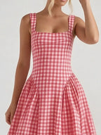 Women's Plaid Midi Dress – Square Neckline Plus Size
