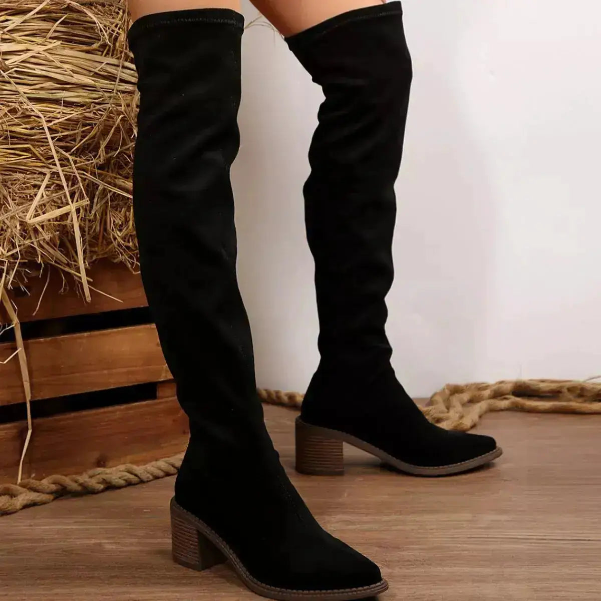 PU Leather Point Toe Block Heels Boots by Parfymia