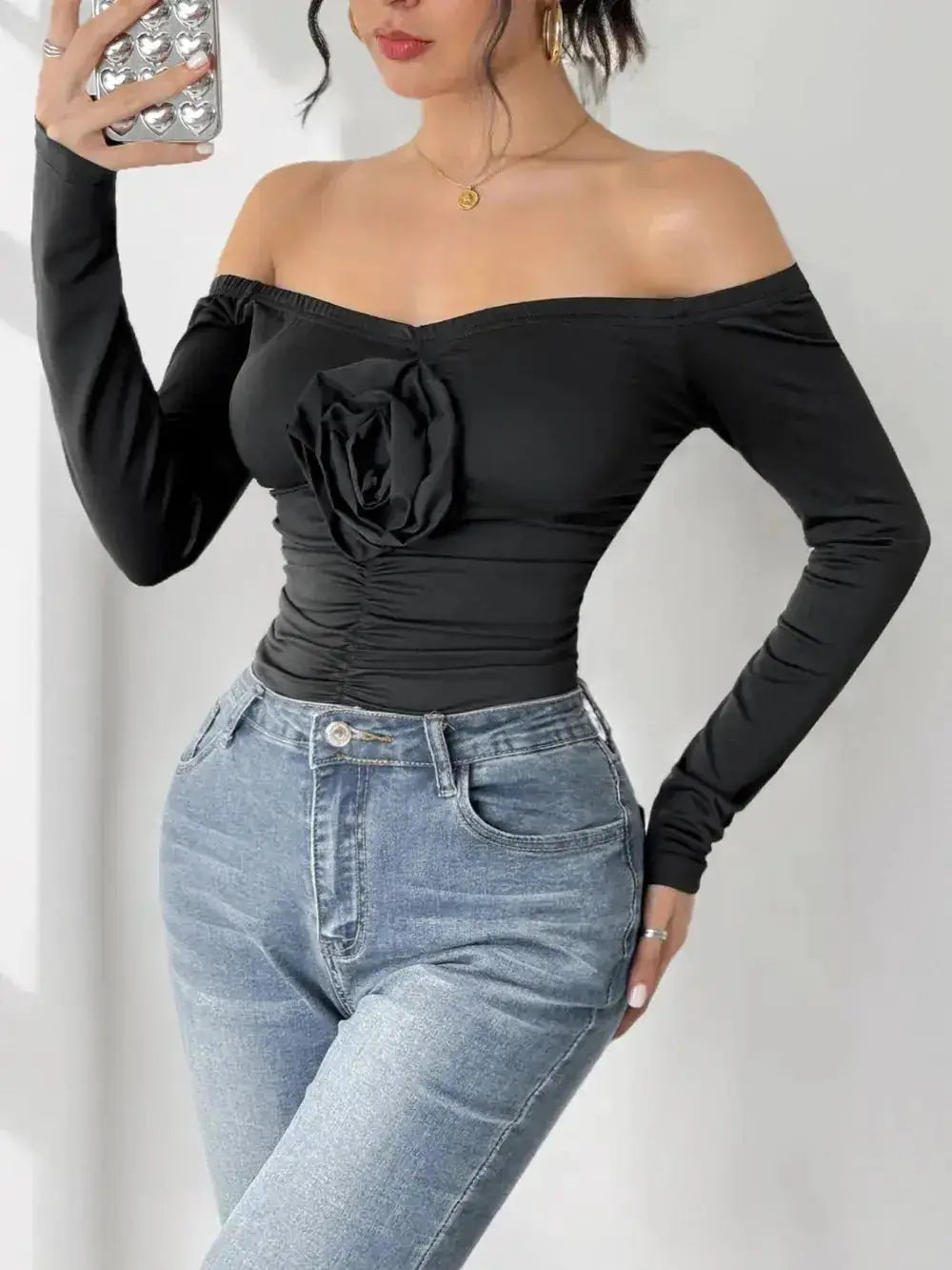Perfee Ruched Flower Off-Shoulder Long Sleeve Bodysuit by Parfymia