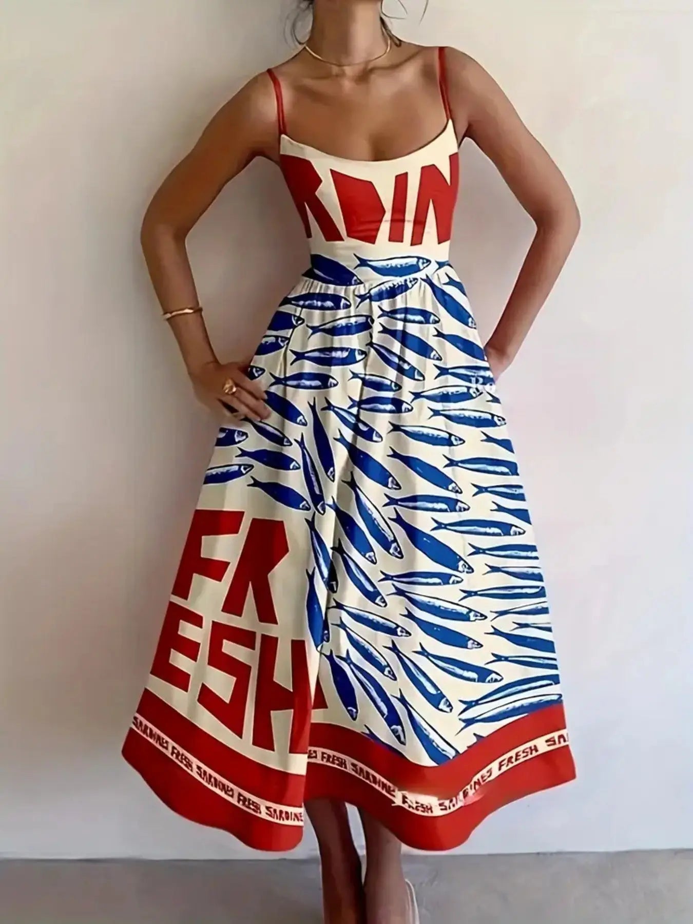 Sardine Print Spaghetti Strap Midi Dress Trendsi