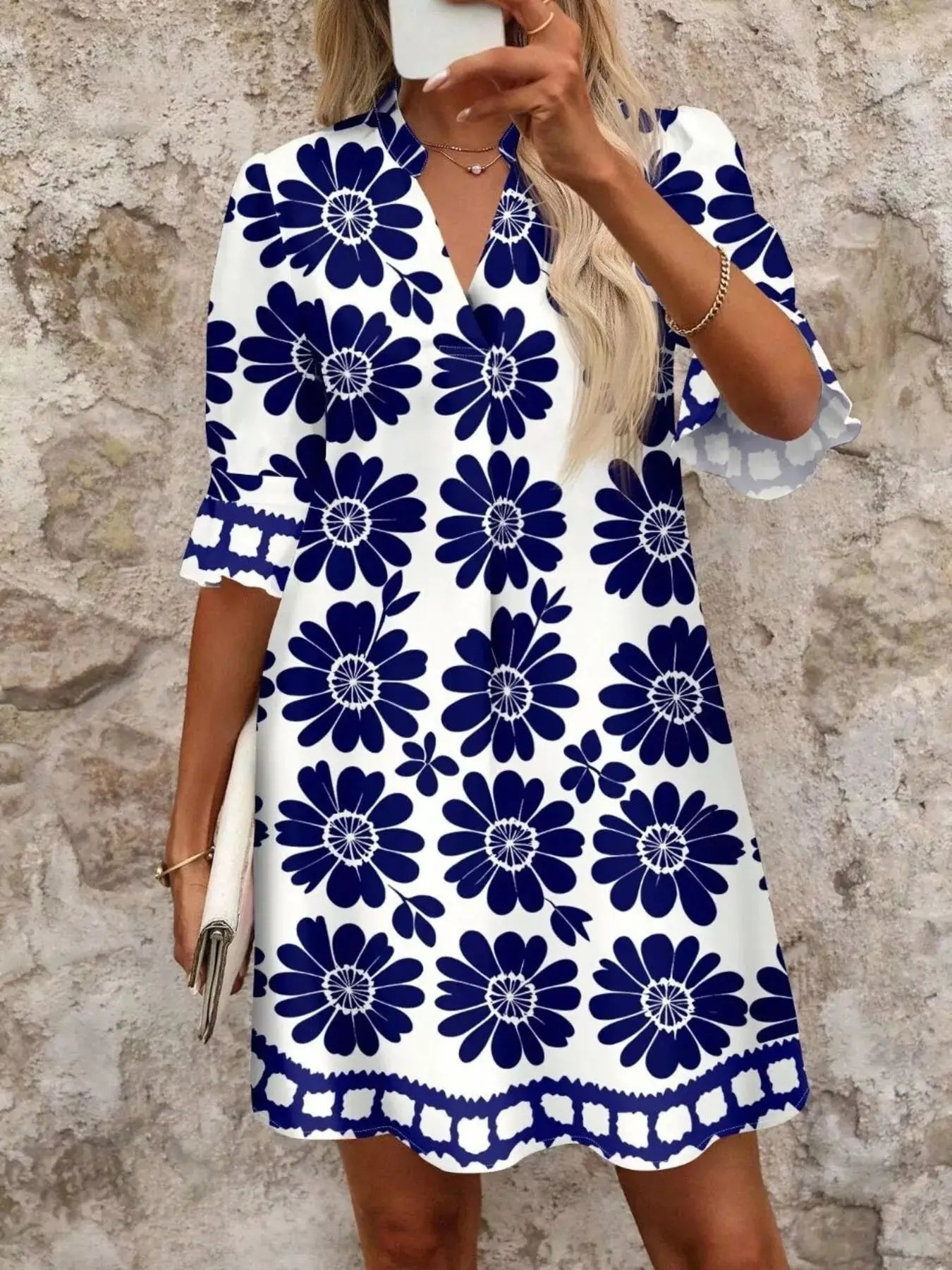 Floral Print Notched Ruffle Sleeve Mini Dress Trendsi