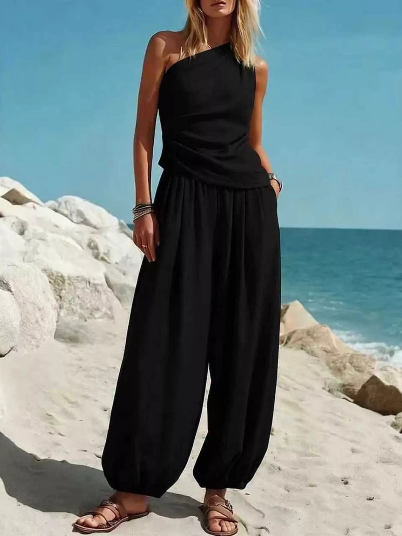 Women's Pants Set – One-Shoulder Top & Wide Leg