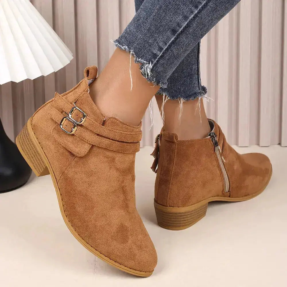 Suede Point Toe Block Heel Boots by Parfymia